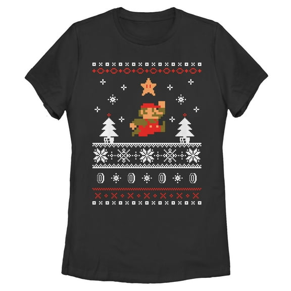 Women's Nintendo Ugly Christmas Mario Jump Star  Graphic Tee Black Medium