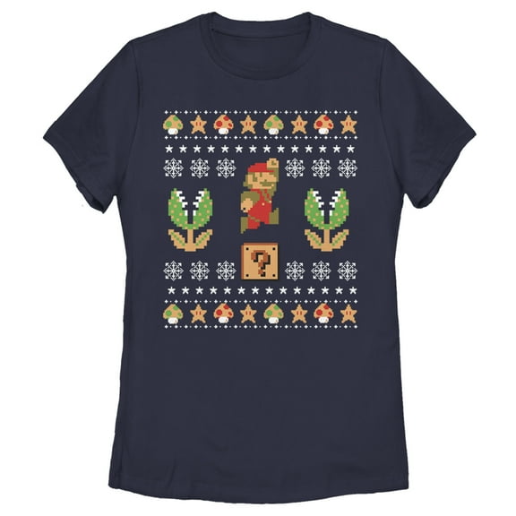 Women's Nintendo Ugly Christmas Mario Question  Graphic Tee Navy Blue Small