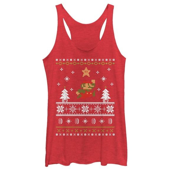 Women's Nintendo Ugly Christmas Mario Racerback Tank Top Red Heather 2X Large