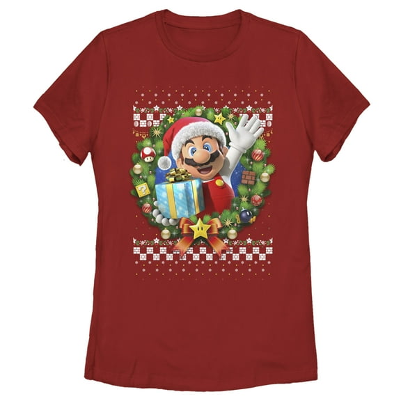 Women's Nintendo Ugly Christmas Mario Wreath  Graphic Tee Red Small