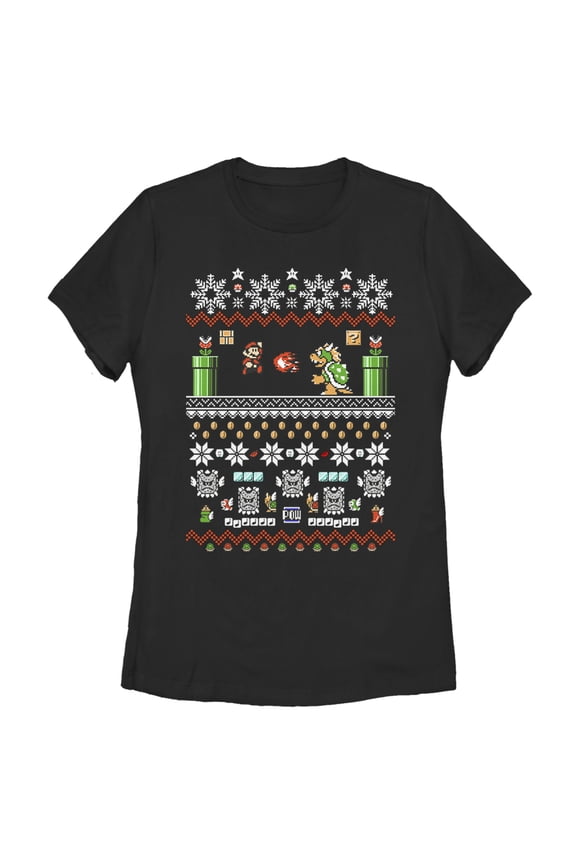 Women's Nintendo Ugly Christmas Mario and Bowser Graphic Tee Black Medium