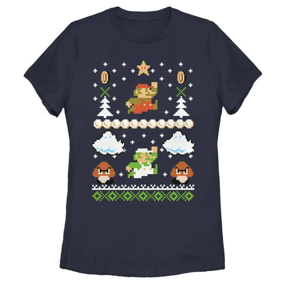 Women's Nintendo Ugly Christmas Super Mario  Graphic Tee Navy Blue Medium
