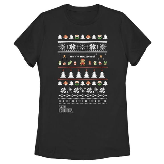Women's Nintendo Ugly Christmas Super Mario Happy Holidays  Graphic Tee Black Small