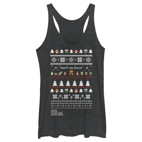Women's Nintendo Ugly Christmas Super Mario Happy Holidays  Racerback Tank Top Black Heather Large