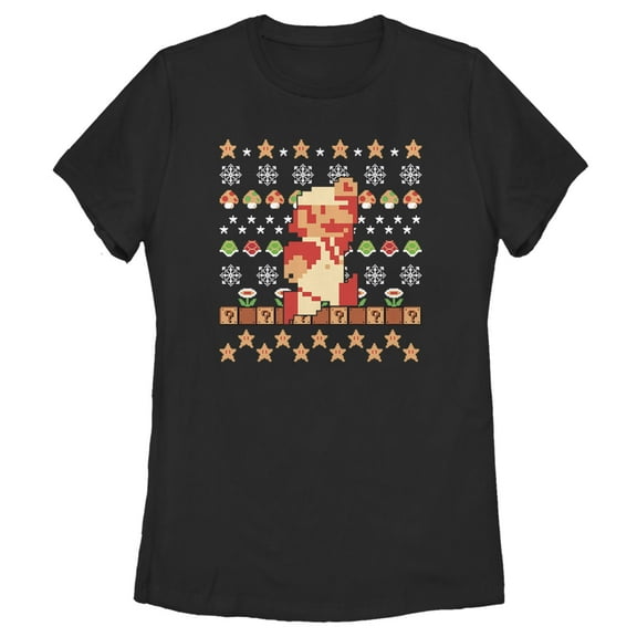 Women's Nintendo Ugly Christmas Super Mario Pixel  Graphic Tee Black Medium