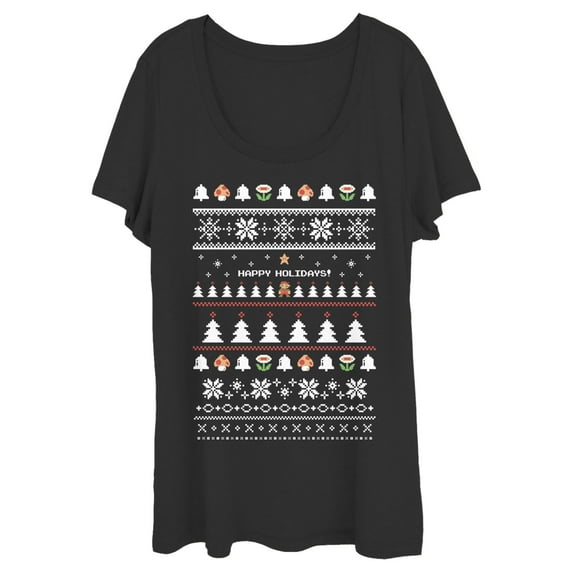 Women's Nintendo Ugly Mario Holiday Sweater Scoop Neck Black Large