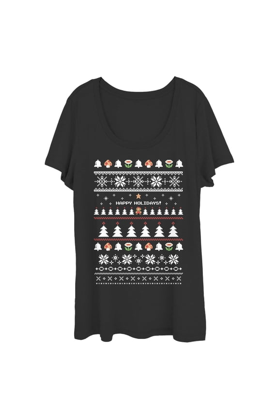 Women's Nintendo Ugly Mario Holiday Sweater Scoop Neck Black Small