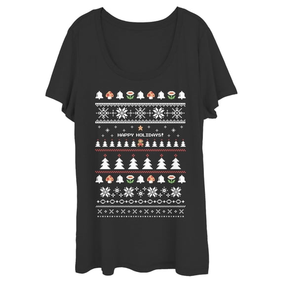 Women's Nintendo Ugly Mario Holiday Sweater Scoop Neck Black X Large