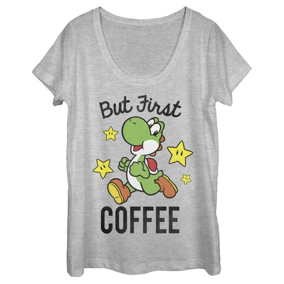 Women's Nintendo Yoshi First Coffee  Scoop Neck Athletic Heather 2X Large