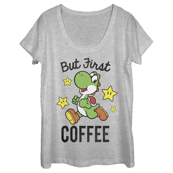 Women's Nintendo Yoshi First Coffee Scoop Neck Athletic Heather 2X Large