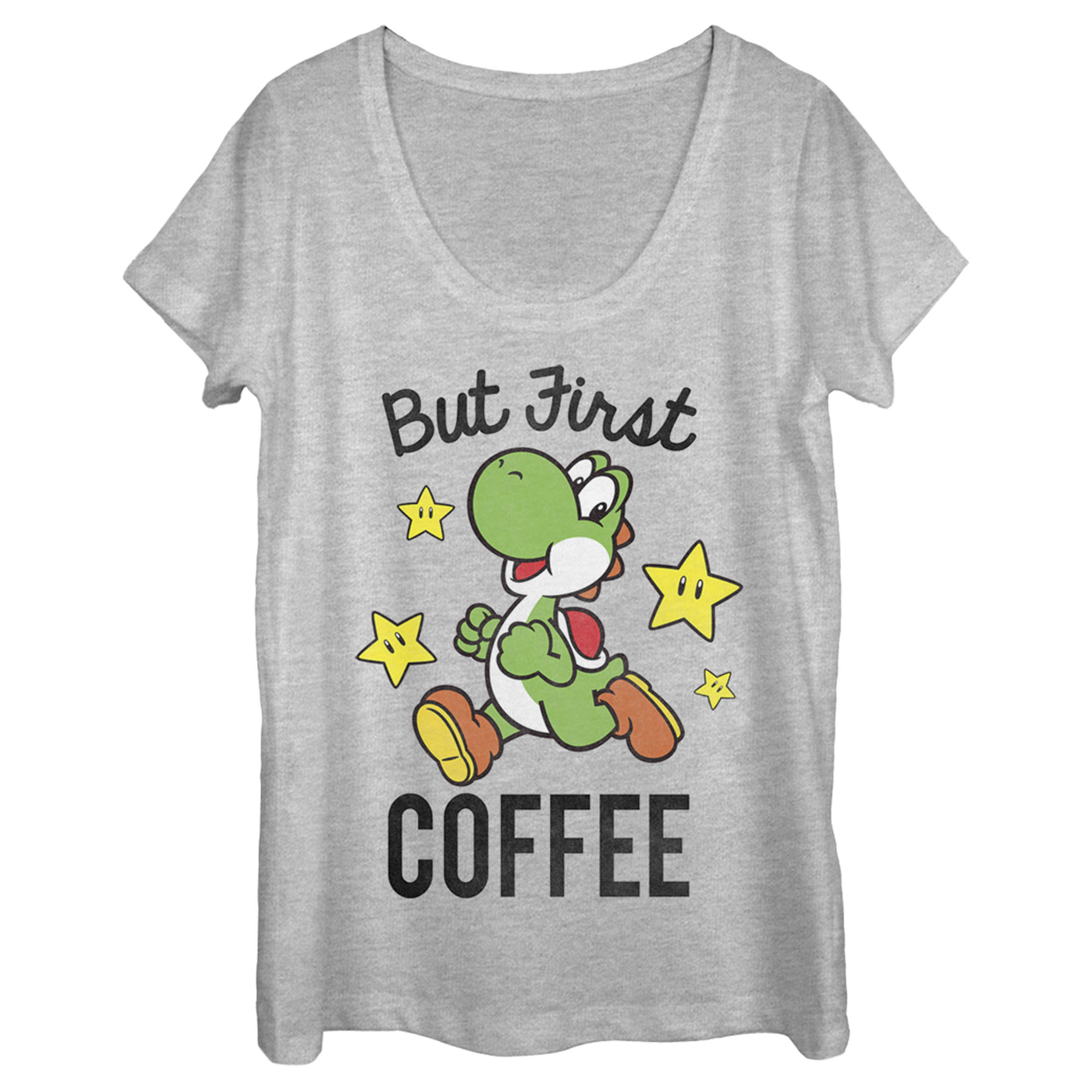 Women's Nintendo Yoshi First Coffee Scoop Neck Athletic Heather Medium 