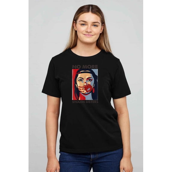 Women's No More Stolen Sisters Graphic T-Shirt Retro MMIW Awareness Black Cotton Tee Adult Short Sleeve Top
