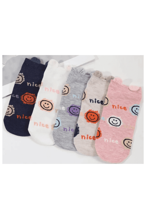 Womens No-Show Cotton Socks with Smiley Face & "Nice" Print 5-Pack