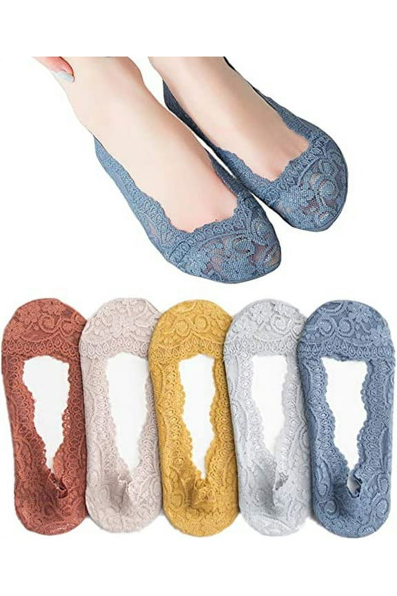 Women's No Show Socks Lace Low Cut Flat Invisible Liner Socks with 360 Heel Grip Non Slip Summer Sock 5 Pairs