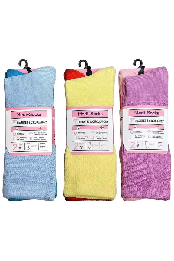 Women's Non-Binding Top Diabetic Crew Socks 6-pack " Pure Cotton & Colors "