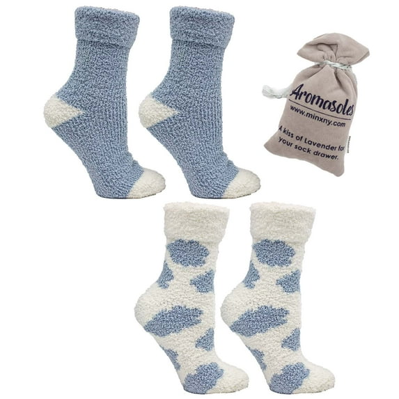 Women's Non-Skid Warm Soft and Fuzzy Lavender Infused 2-Pair Pack Slipper Socks with Lavender Sachet Gift, Clouds, Poseidon/Lunar Rock