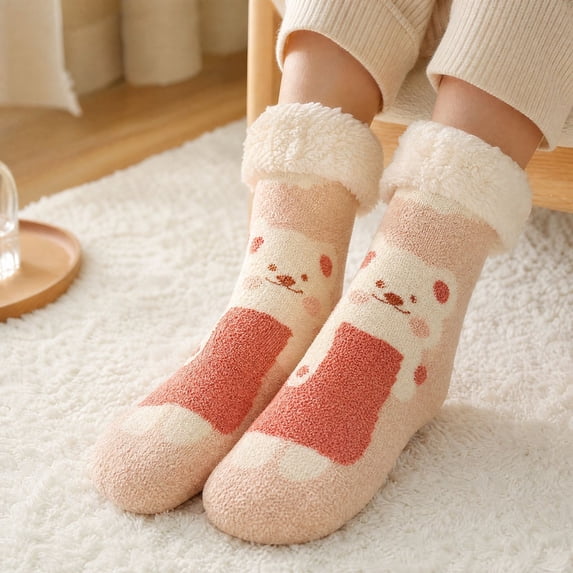 Women's Non Slip Animal Slipper Socks, Fleece Lined Thick Warm Winter Floor Socks, Cozy Home Lounging Socks, Snow Socks
