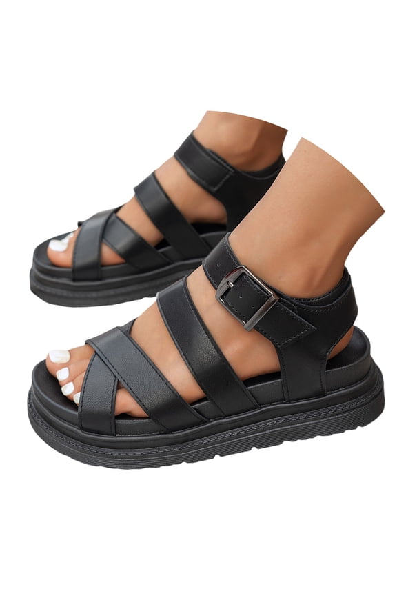 Women's Non-Slip Arch Support Platform Sandals, Adjustable Strap Open Toe Shoes, Durable Casual Footwear for Walking, Outdoor Black 35