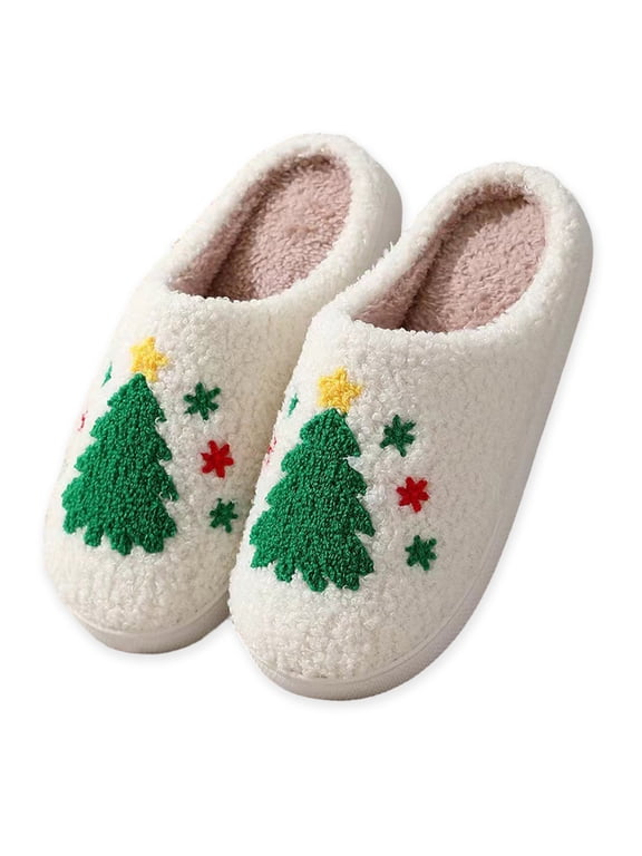 Women's Non-Slip Close Toe Christmas Pattern Slippers Plush House Shoes Memory Foam Cute Slip-on Slippers for Winter Gifts Outdoor