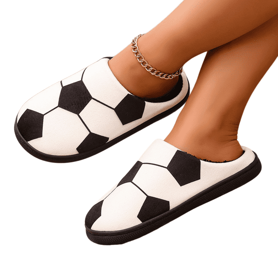 Women's Non Slip Cute Soccer Print Slipper, Plush Closed Toe Slides ...
