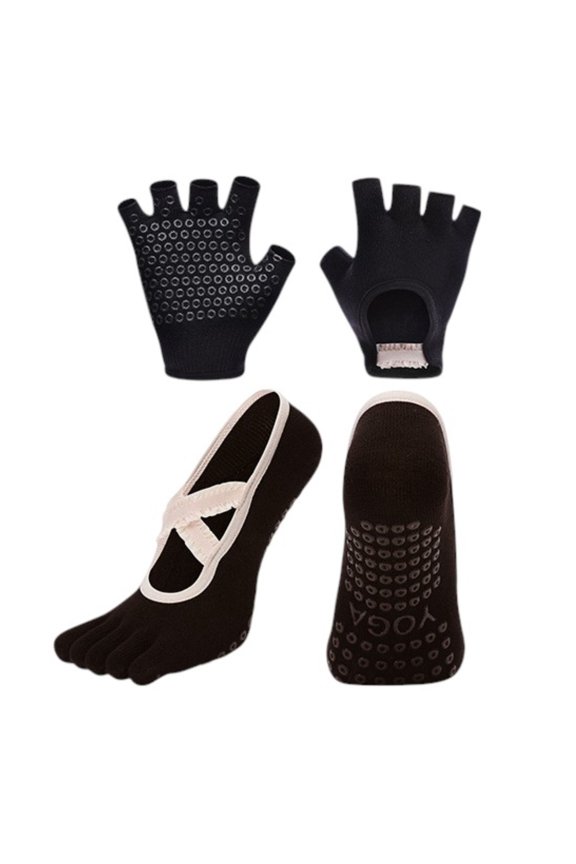 Women's Non-Slip Grip Yoga Sock and Fingerless Glove Set with Toe Separation and Ballet Strap Detail - Black