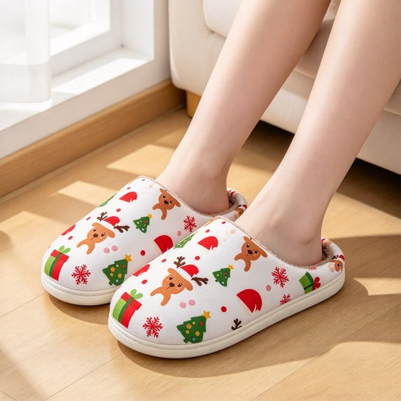 Women's Non Slip Warm Christmas Print Slippers, Winter Fleece Lined Closed Toe Slides with Cozy Cushion Sole, House Slippers for Bathroom Indoor Outdoor