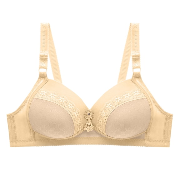 Women's Non-Steel Wire Support Bra, Breathable Gathered Cup, Elastic Cotton Underwear for Daily Wear and Comfort #Khaki,XXL（44/100）