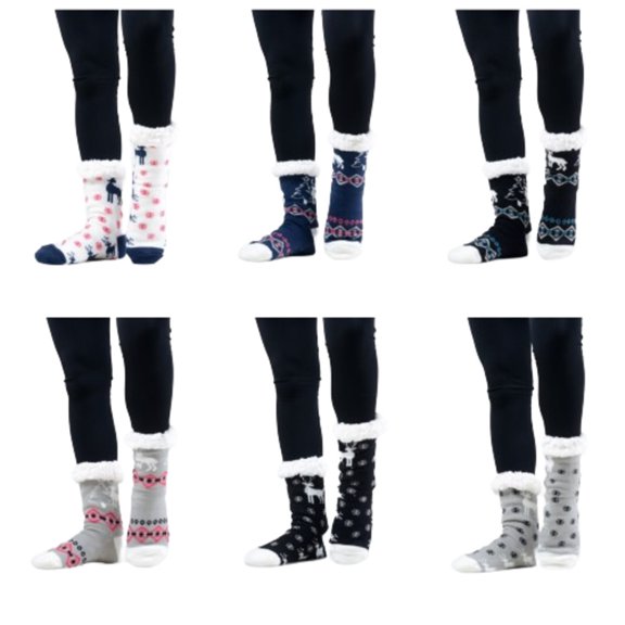 Women's Non-slip Faux Sherpa Christmas Slipper Socks, Santa's Reindeer, Set with 6 Colors (6 Pairs), One Size