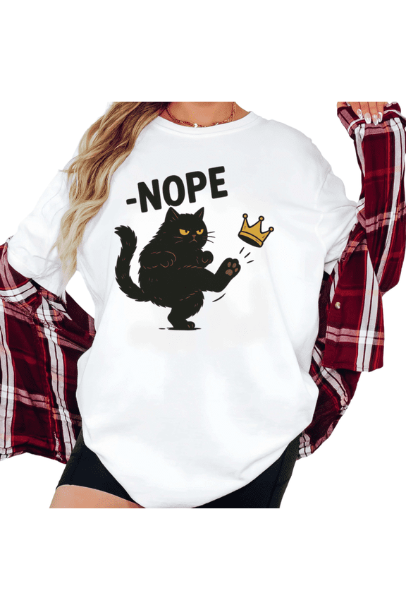Women's Nope Funny Black Cat Kicking Crown Graphic Comfortable T Shirt Short Sleeve Round Neck Top White S-5XL
