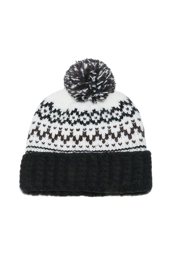 Women's Nordic Fair Isle Knit Beanie with Pom Pom Winter Warm Hat for Skiing Snowboarding Cold Weather Outdoor Sports Black