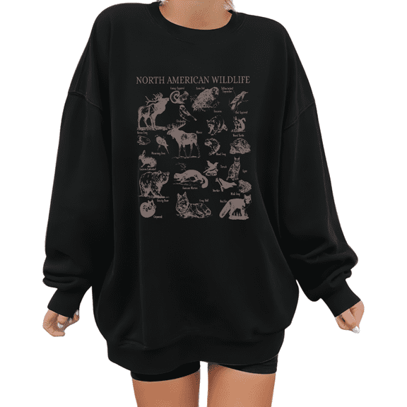 Women's North American Wildlife Chart Graphic Breathable Sweatshirt Top Casual Round-neck long-sleeved Black S-3XL