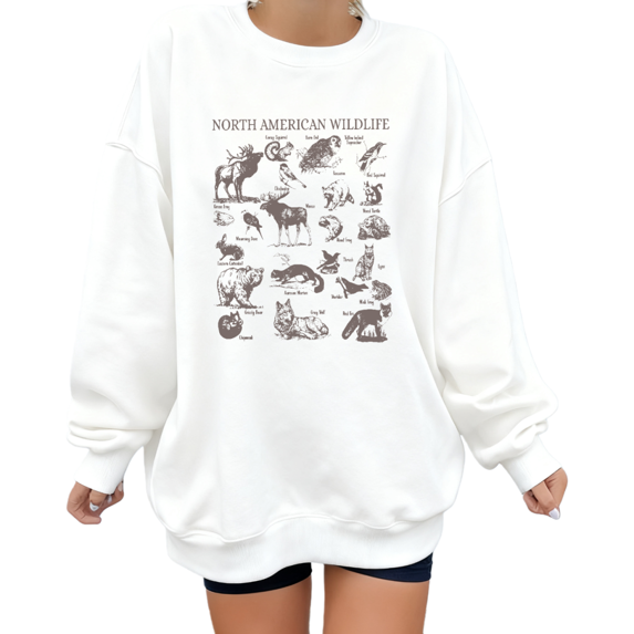 Women's North American Wildlife Chart Graphic Breathable Sweatshirt Top Casual Round-neck long-sleeved white S-3XL