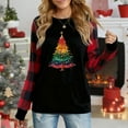 thumbnail image 1 of Women's Rainbow Sequin Christmas Tree Long Sleeve Top, Black with Red Plaid Sleeves, Festive Graphic, Casual Holiday Wear, 1 of 4