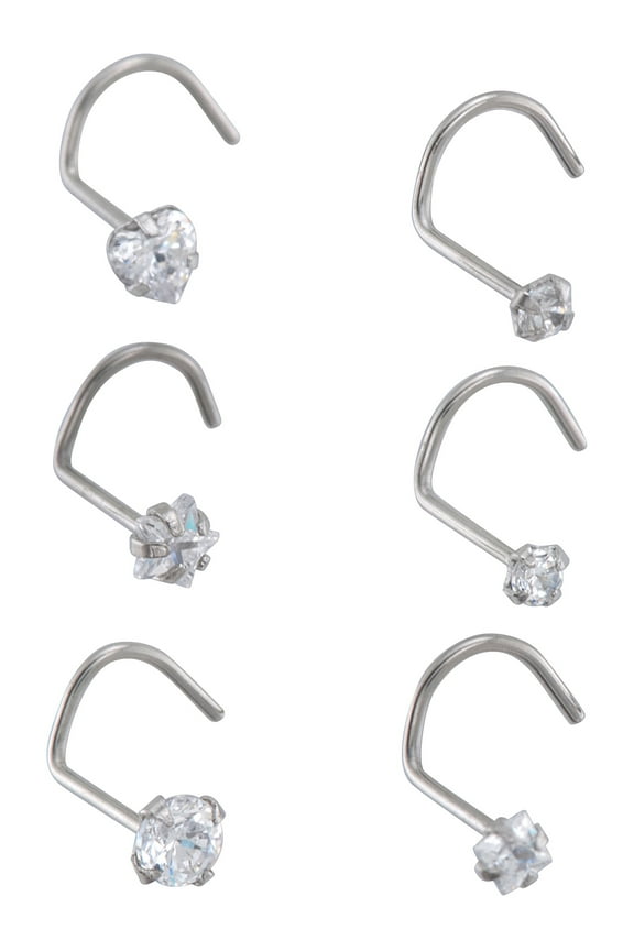 -Women's Nose Studs Surgical Steel Screws with White CZ