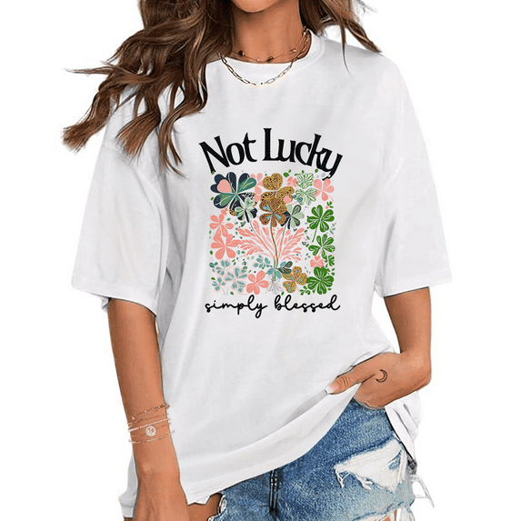 Women's "Not Lucky Simply Blessed" Faith-Based Print T-Shirts Lightweight Short Sleeve Spiritual Graphic Tees Christian Tops White,XL
