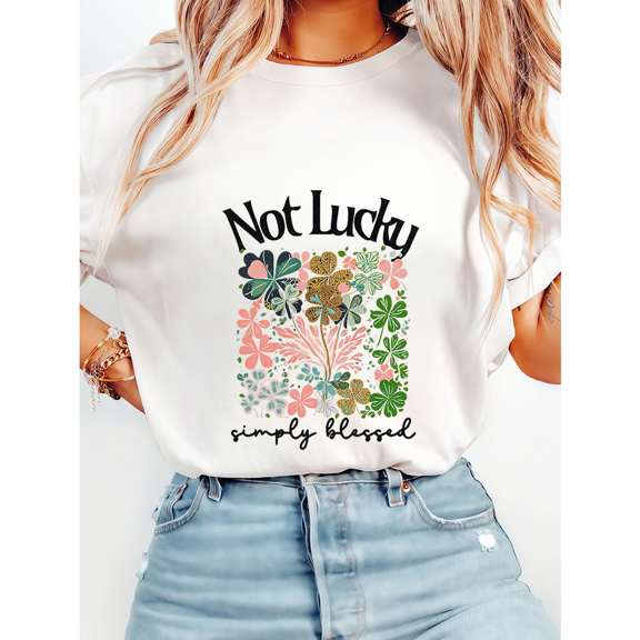 Women's "Not Lucky Simply Blessed" Print Tshirts Faith-Based Graphic Tees Short Sleeve Spiritual Shirts Christian Casual Tops for Daily Outfits White,5XL