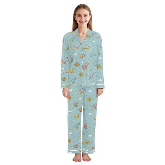 Women's Notch Collar Pajama Set Soft Sleepwear Pjs long Sleeve Button ...