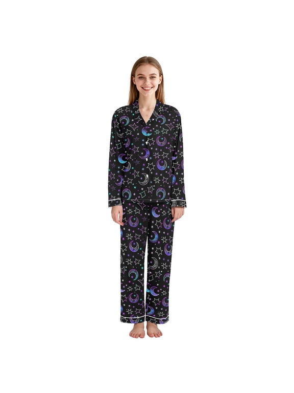 Women's Notch Collar Pajama Set Soft Sleepwear Pjs long Sleeve Button Down Nightwear with Long Pants Neon Purple Celestial Pattern Small