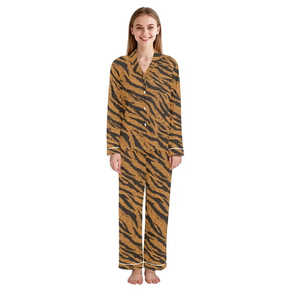 Women's Notch Collar Pajama Set Soft Sleepwear Pjs long Sleeve Button Down Nightwear with Long Pants Tiger Stripes Pattern Small