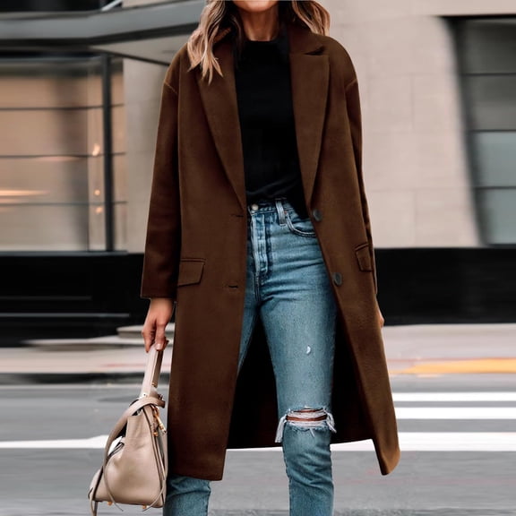 Women's Notch Lapel Coat, Single Breasted Long Jacket, Relaxed Fit Trench Coat, Casual Open Front Overcoat, Elegant Loose Fit Fall Winter Outerwear Brown L