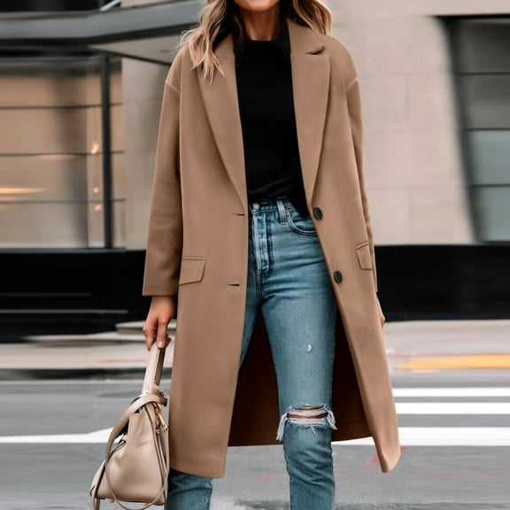 Women's Notch Lapel Coat, Single Breasted Long Jacket, Relaxed Fit Trench Coat, Casual Open Front Overcoat, Elegant Loose Fit Fall Winter Outerwear Khaki L