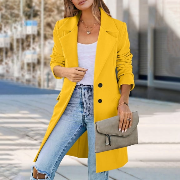 Women's Notch Lapel Double Breasted Wool Blend Mid Long Pea Trench Coat Yellow L