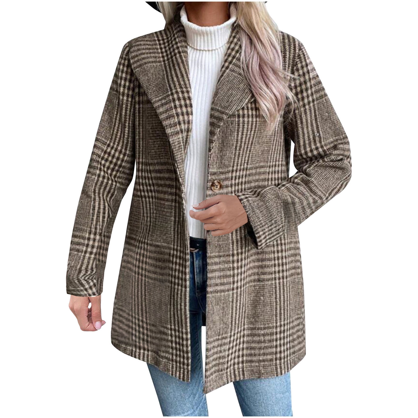 Women's Notch Lapel One Button Boyfriend Blazer Suit Plaid Jacket