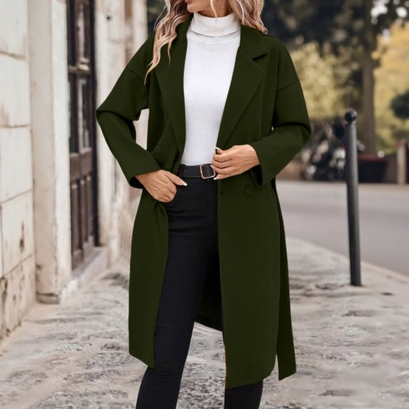 Women's Notch Lapel Wool Blend Overcoat, Long Length Trench Style Coat, Classic Winter Warm Overcoat, Elegant Casual Outerwear, Versatile Mid-Calf Length Coat Green XXL