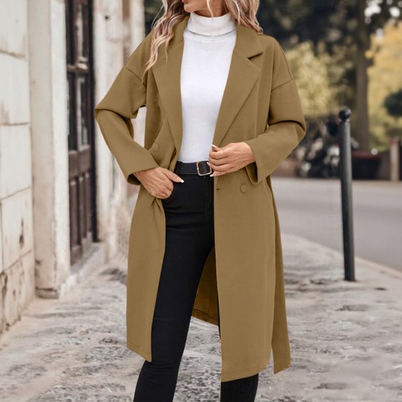 Women's Notch Lapel Wool Blend Overcoat, Long Length Trench Style Coat, Classic Winter Warm Overcoat, Elegant Casual Outerwear, Versatile Mid-Calf Length Coat Khaki M