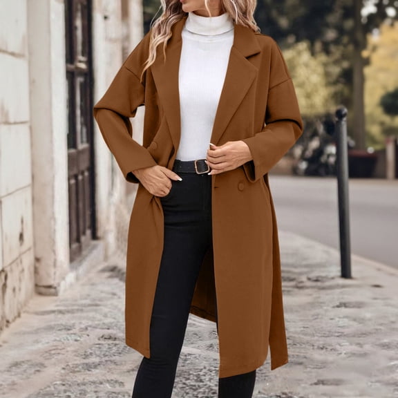 Women's Notch Lapel Wool Blend Overcoat, Long Length Trench Style Coat, Classic Winter Warm Overcoat, Elegant Casual Outerwear, Versatile Mid-Calf Length Coat Brown XXL