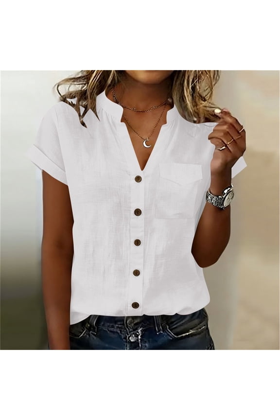 Women's Notch Neck Cotton Linen Shirt Turndown Collar, Short Sleeve Button Down Blouse with Pocket White XL