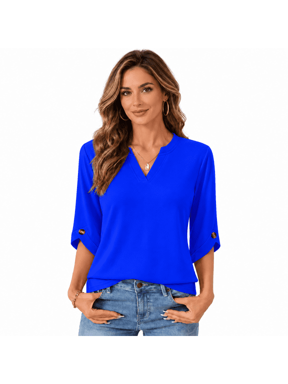 Women's Notch V-Neck Blouse, 3/4 Sleeves with Button Details, Relaxed Fit