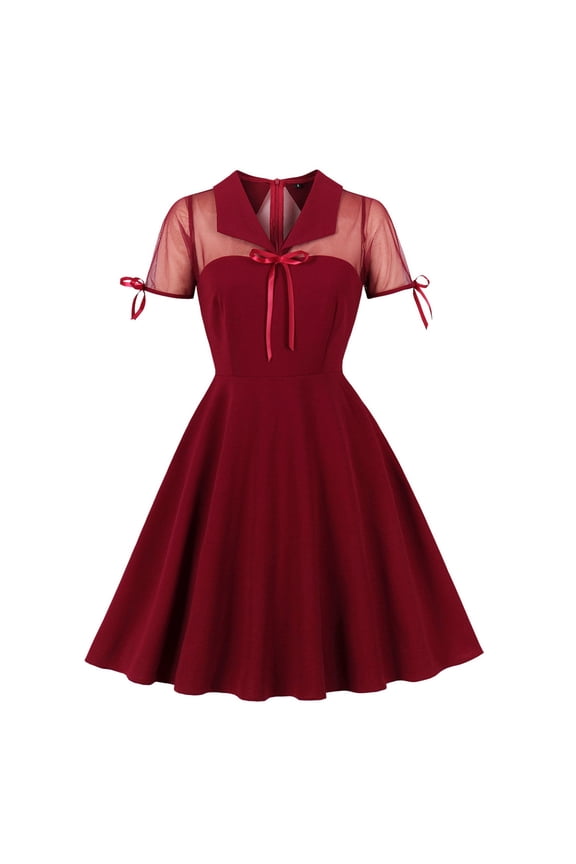 Women's Notched Collar Bow Tie Mesh Vintage Dress Short Sleeve A-Line Cocktail Party Wine 2XL