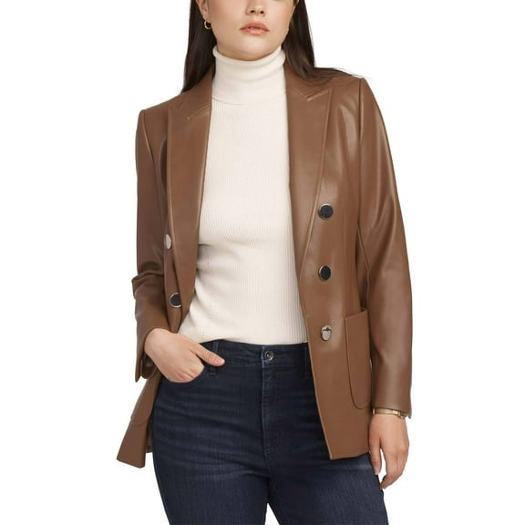 Women's Notched Collar Faux Leather Blazer Vicuna XS